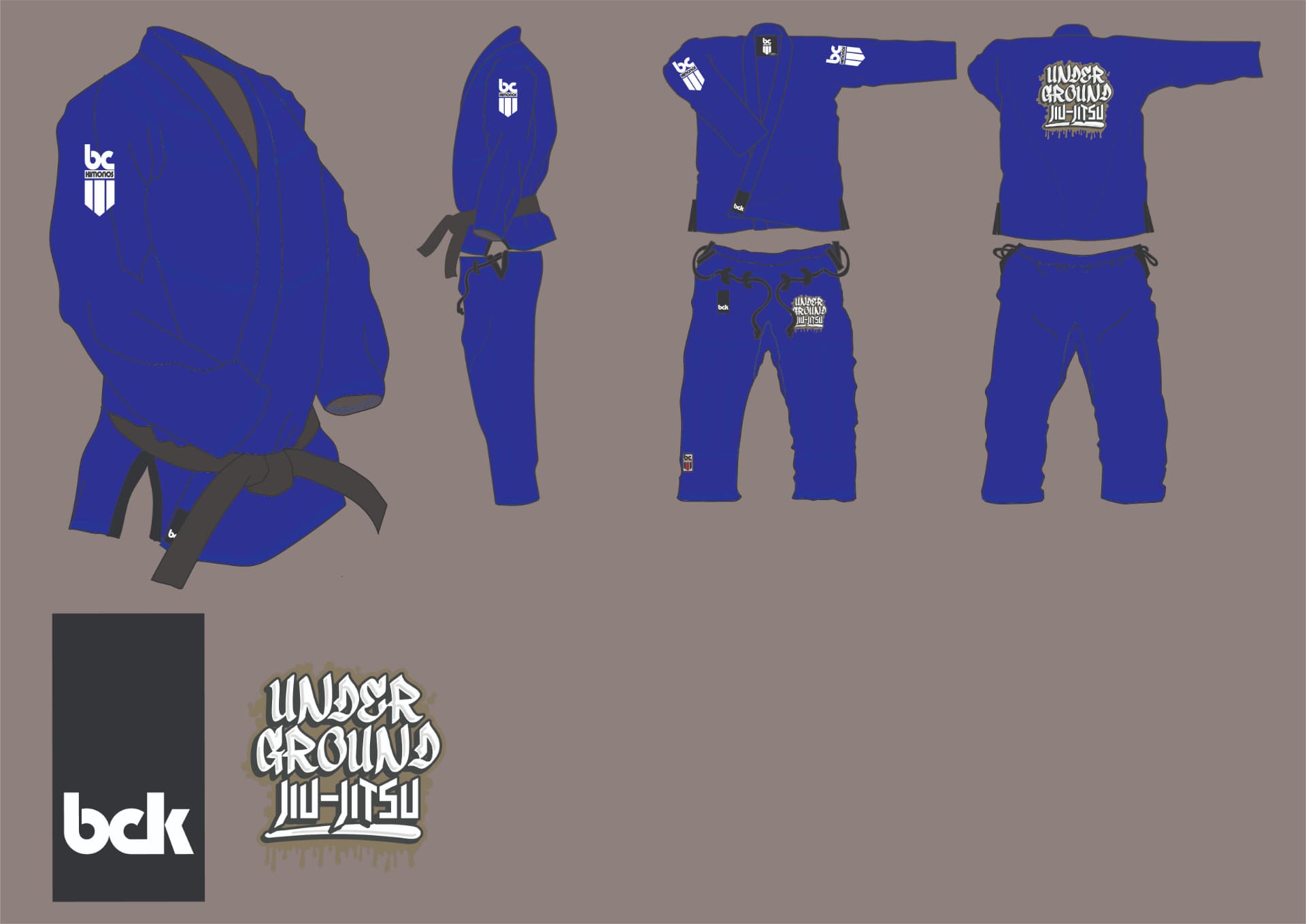 Blue Underground Jiu-Jitsu academy gi mock-up with graffiti back logo