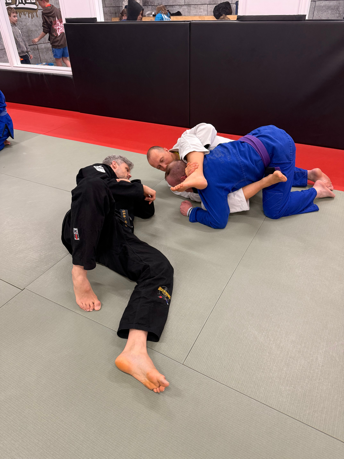 Adults drilling Brazilian Jiu-Jitsu grappling techniques in an Underground adult martial arts class