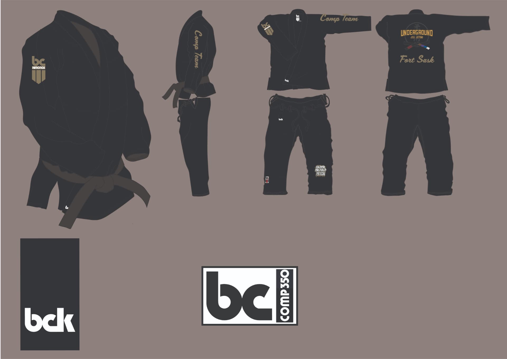 Black Underground comp team gi mock-up with gold lettering