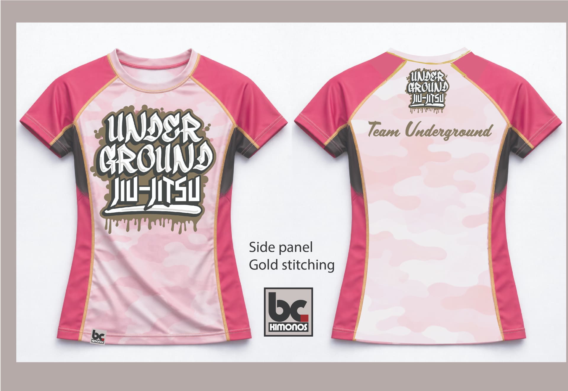 Pink Underground women's rash guard mock-up, front and back